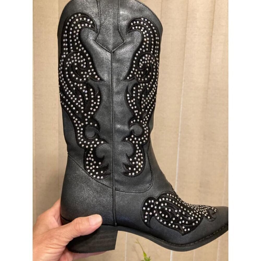 Women's Rhinestone Cowgirl Sparkly Black Diamond Upper Bling Glitter Boots